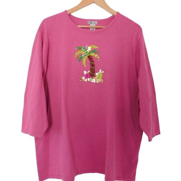 Tropical Ugly Christmas Sweater Pink Sequins Palm Tree Pullover Size 2X - Picture 1 of 6